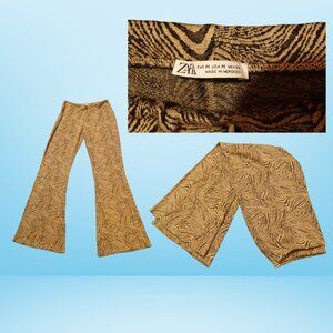 Zara Printed Flare Pants – Tan & Black Animal Print, Size M